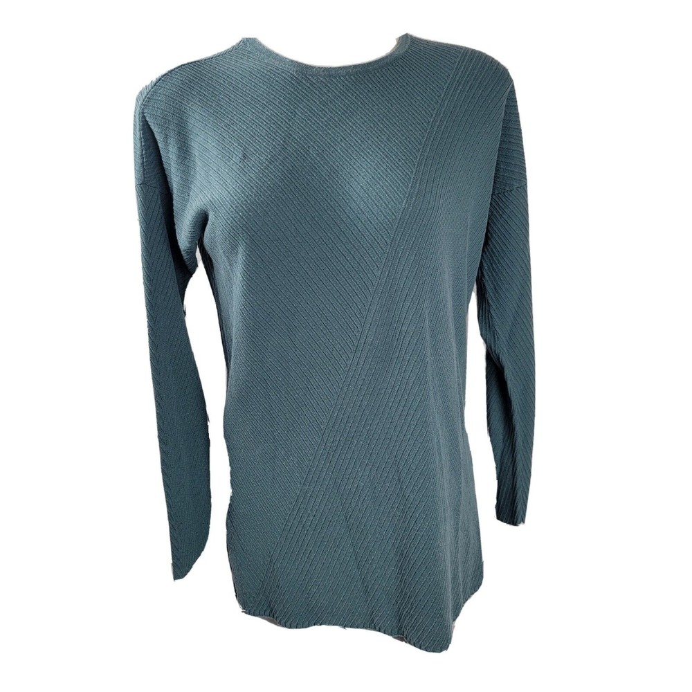 Eileen Fisher Blue Knit Pullover Top Italian Yarn Scoop Neck Long Sleeve Size PL